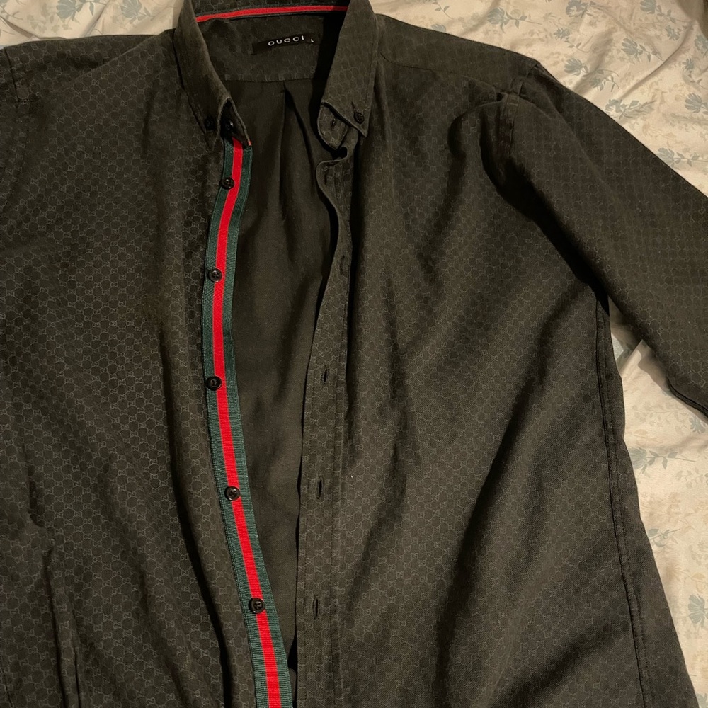 Gucci Black Button Down Shirt with Red and Green Accents